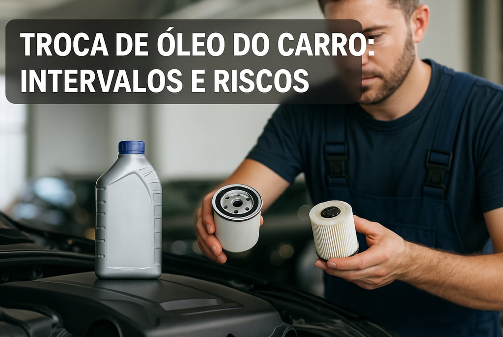 Mecânico segurando filtros de óleo novos ao lado de frasco de óleo fechado sobre o motor de carro.