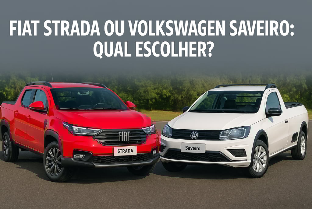 Fiat Strada vermelha e Volkswagen Saveiro branca lado a lado para comparação de modelos usados