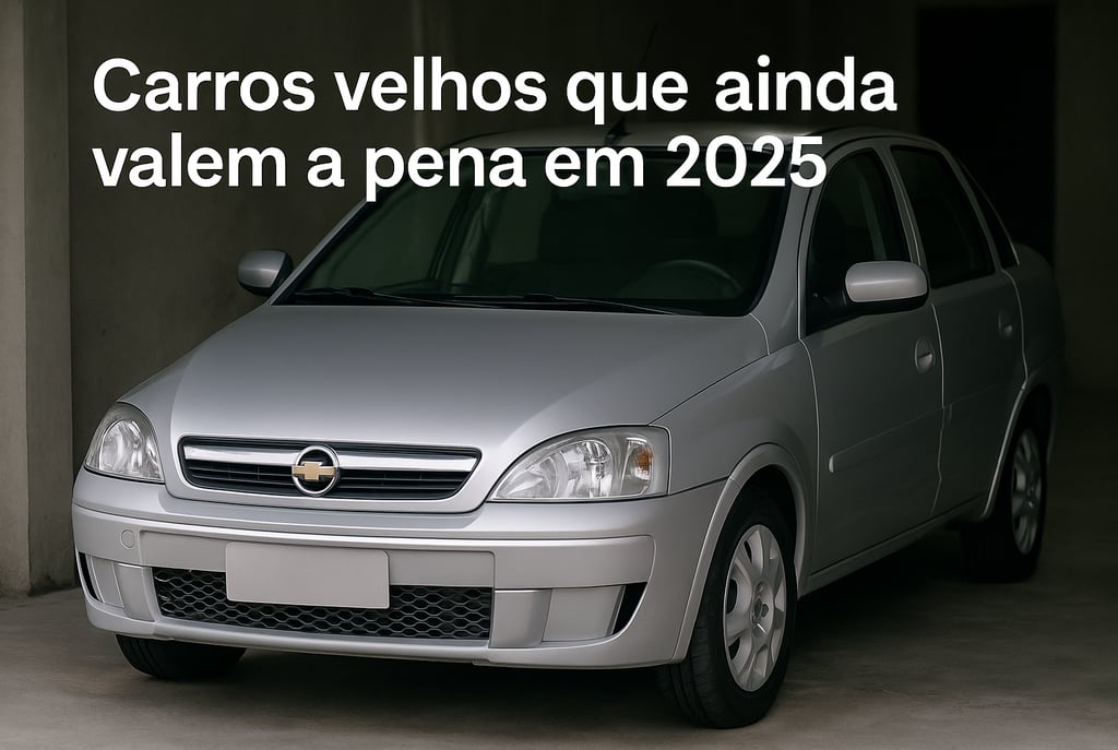 Chevrolet Corsa Maxx prateado bem conservado em garagem com frase sobre carros velhos em 2025