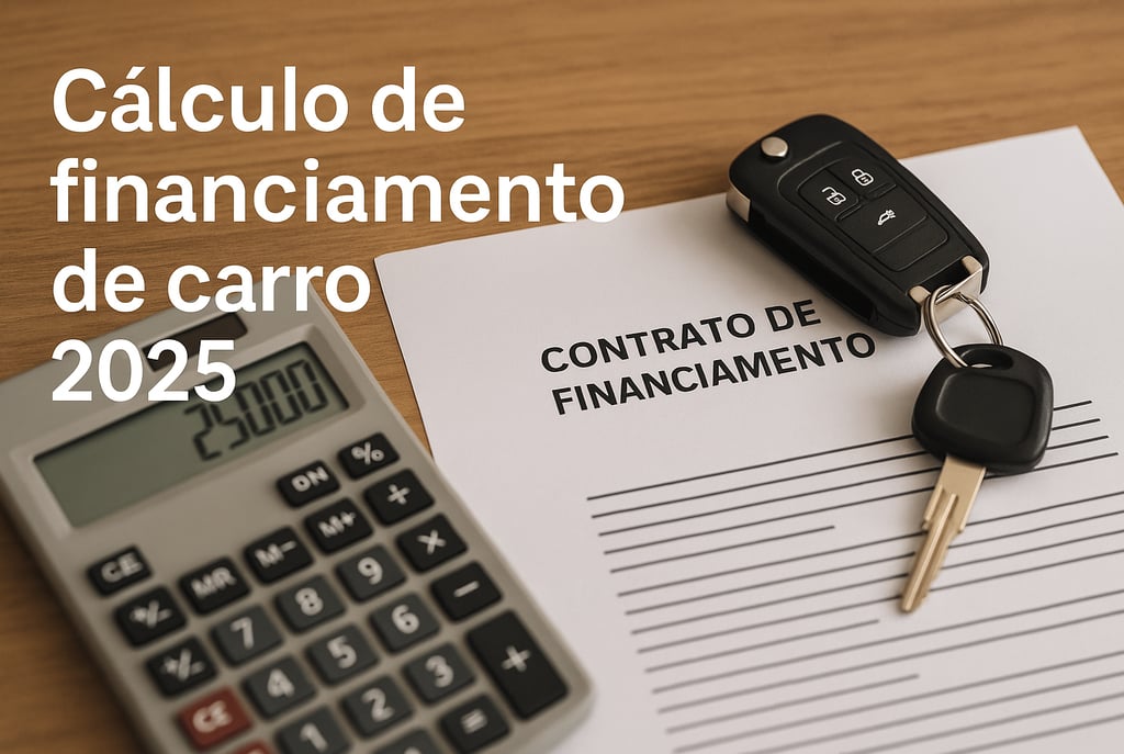 Contrato de financiamento de carro em português com calculadora e chaves sobre a mesa
