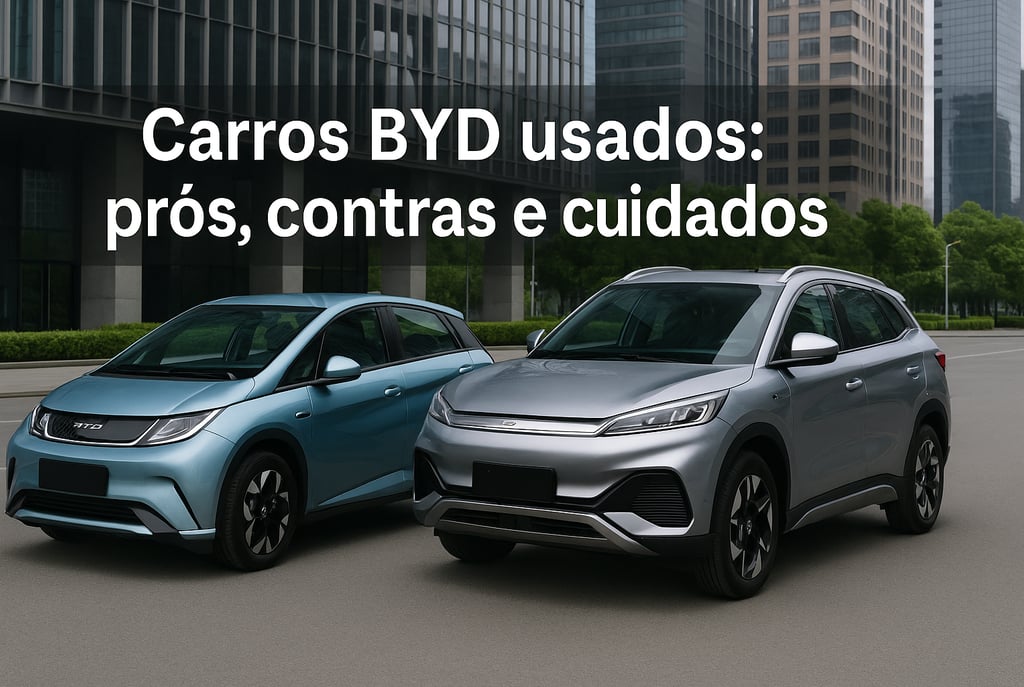 Carros BYD usados — Dolphin e Yuan Plus lado a lado em ambiente urbano moderno