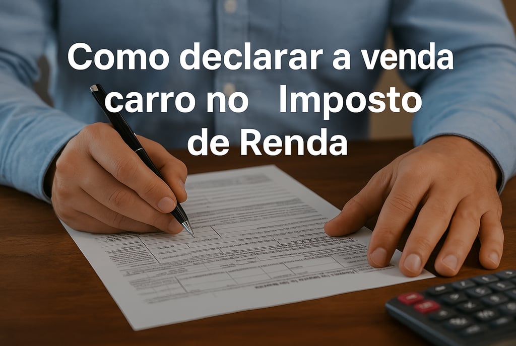 Mesa de escritório com documentos, calculadora, notebook e chave de carro usados para declarar venda