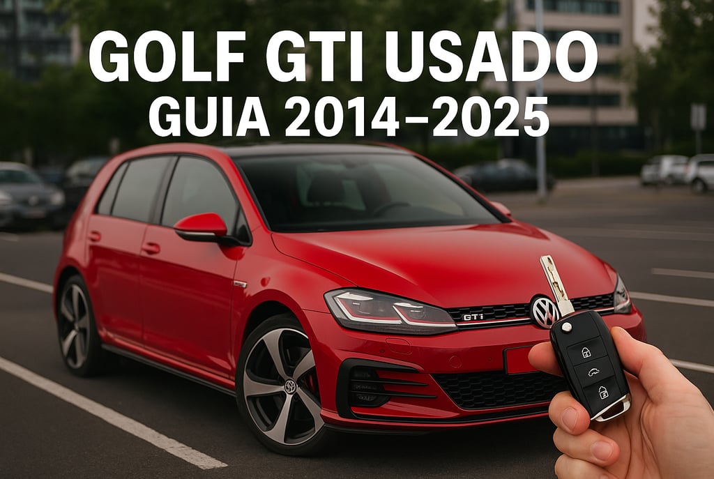 Golf GTI vermelho visto de frente em ângulo 3/4, estacionado em pátio urbano com fundo desfocado.