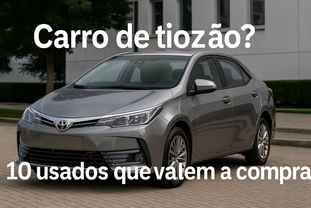 Sedã médio discreto, como Toyota Corolla ou Ford Fusion, estacionado em pátio urbano limpo com texto