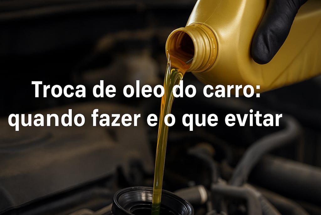 Mão com luva despejando óleo dourado no motor do carro durante troca de oleo, com o cofre do motor a