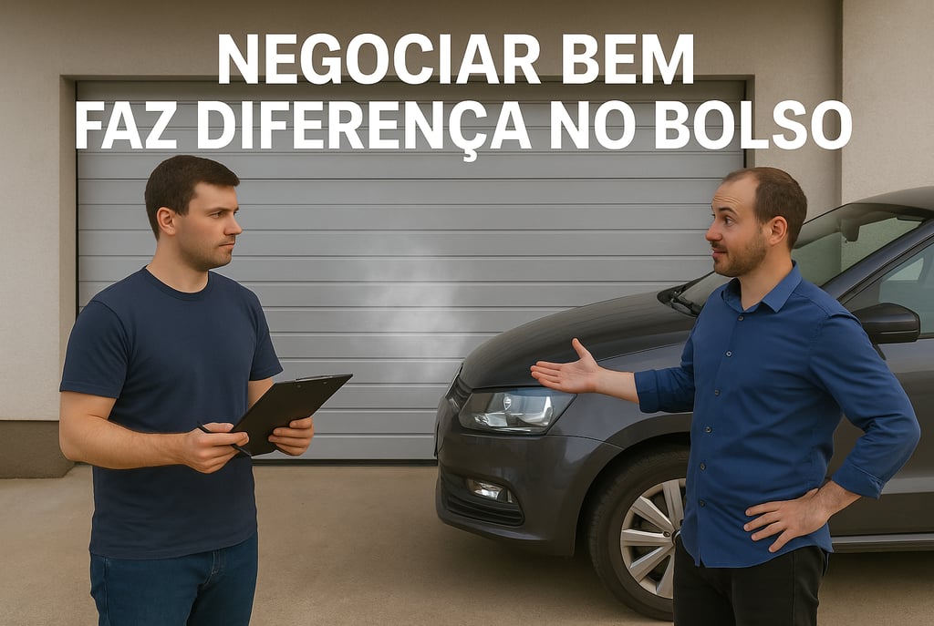 Dois homens negociando ao lado de um carro usado; um segura prancheta, o outro gesticula explicando.