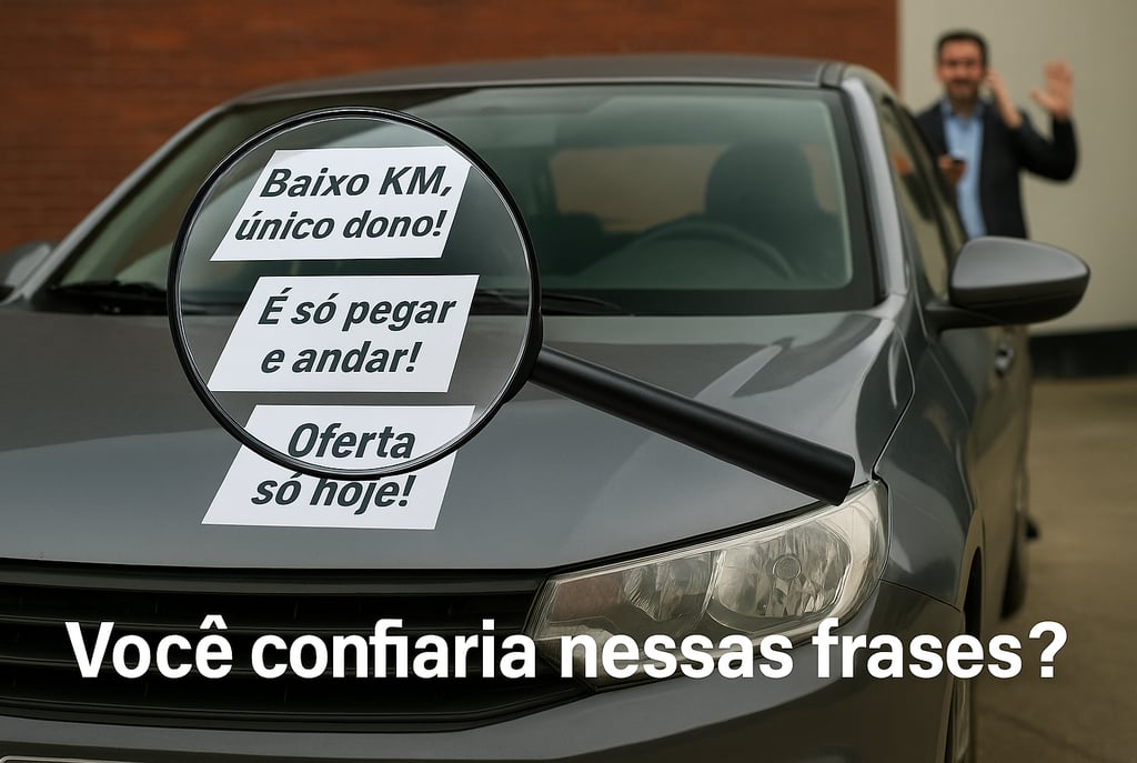 Anúncios colados no vidro de carro usado com frases chamativas e lupa destacando detalhes duvidosos.