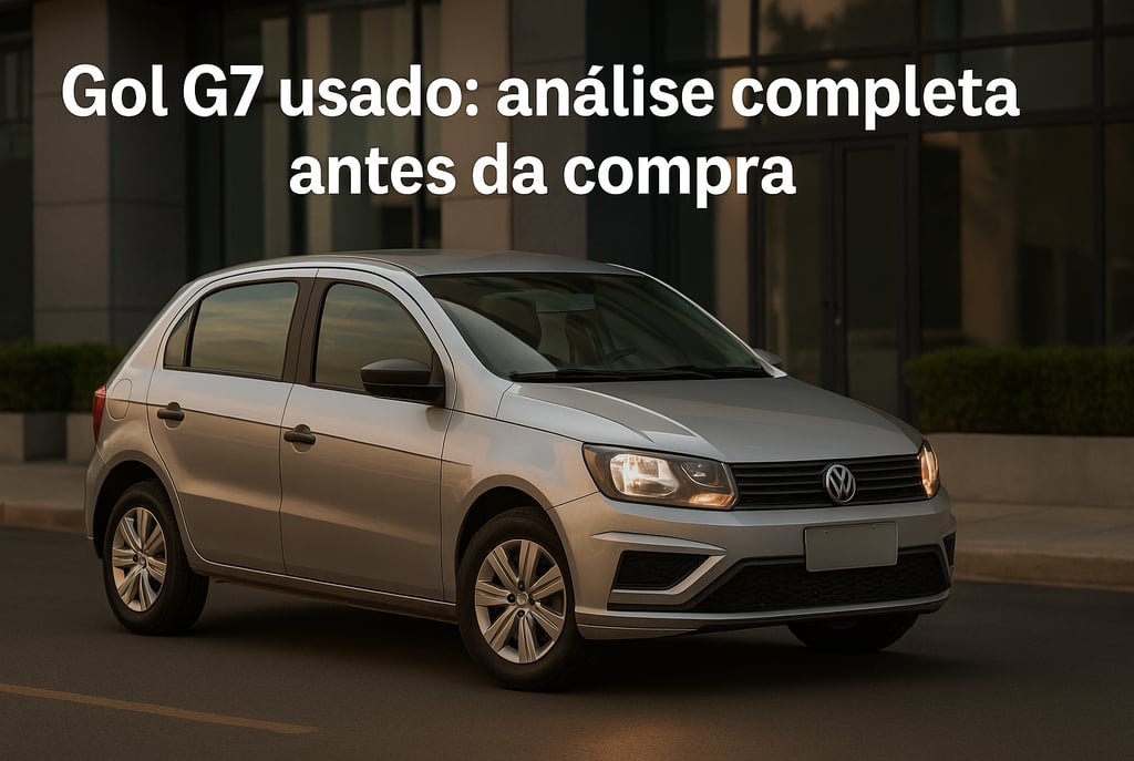 Gol G7 branco saindo de vaga em frente a prédio comercial com faróis acesos ao entardecer.