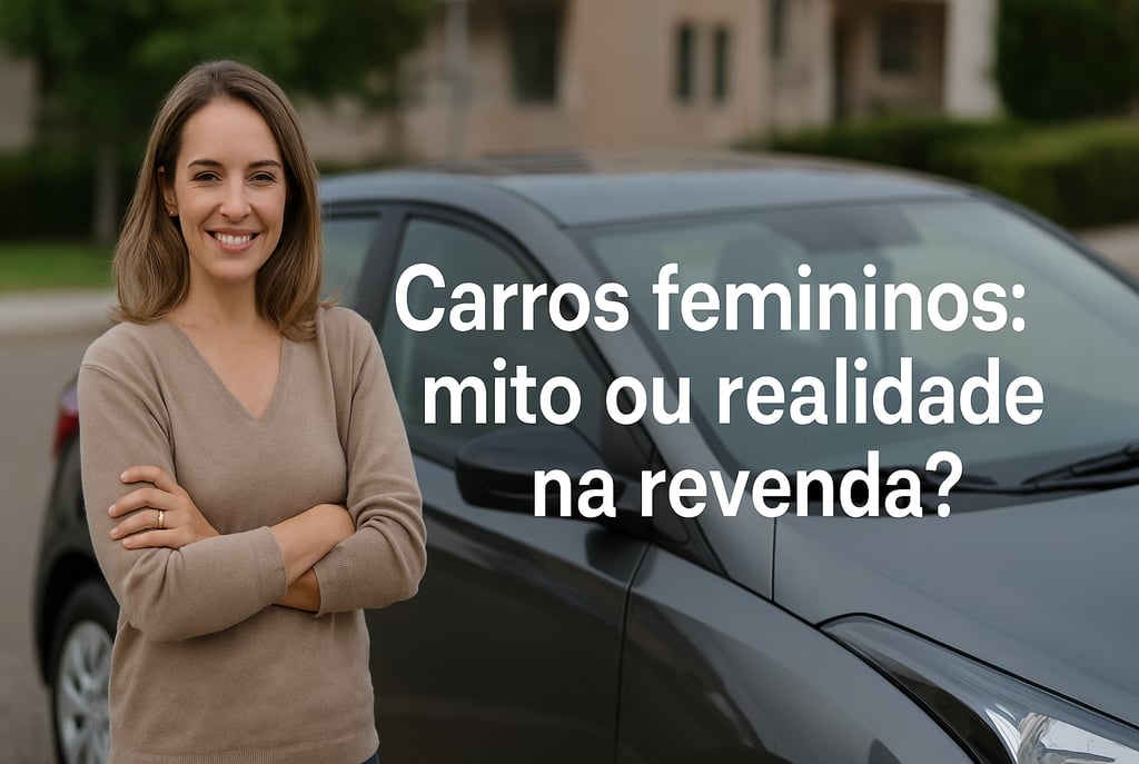 Mulher sorrindo ao lado de carro compacto usado em ambiente urbano, com estilo leve e confiante.