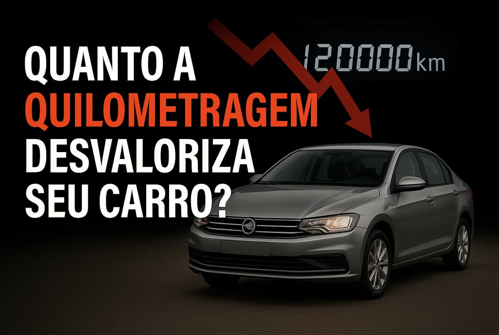 Carro usado com painel marcando 120.000 km e seta vermelha indicando desvalorização. Texto ao lado: