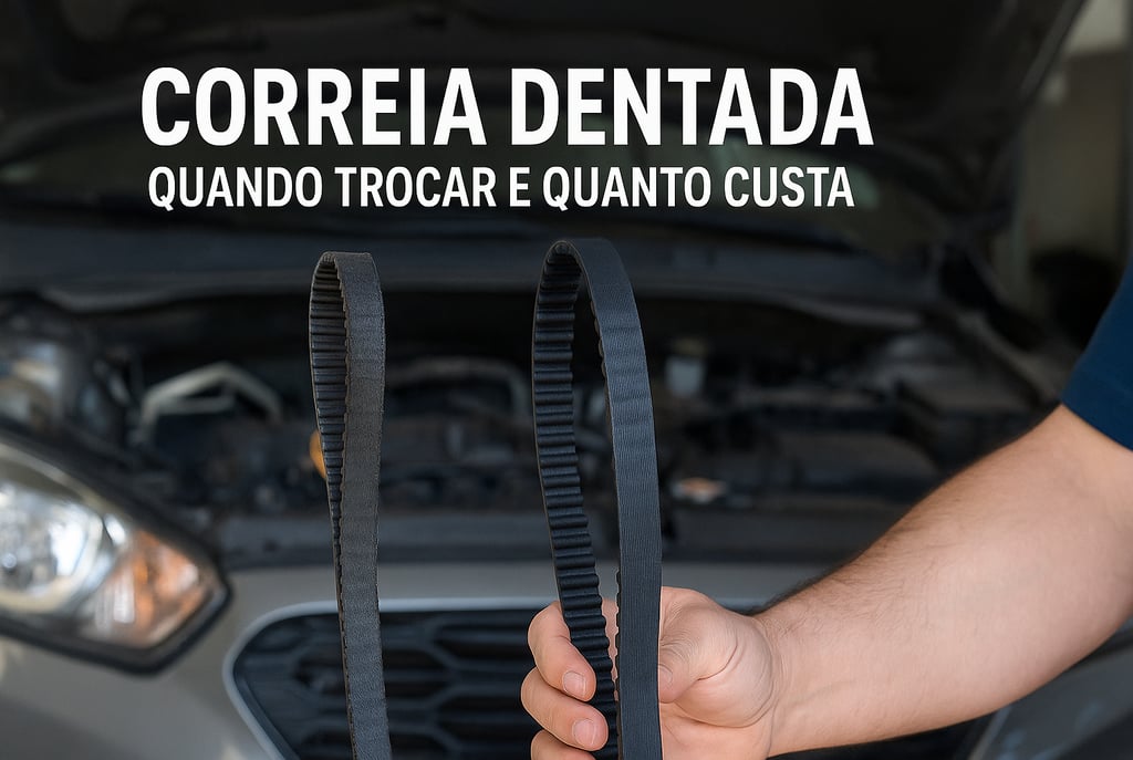 Mecânico segurando correia dentada usada e nova com motor aberto ao fundo e texto no topo da imagem.