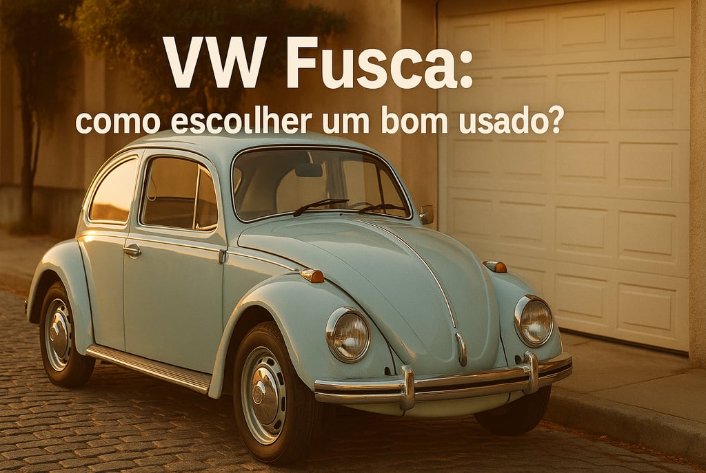 Volkswagen Fusca azul claro estacionado em rua de paralelepípedo, em ótimo estado, com luz suave de 