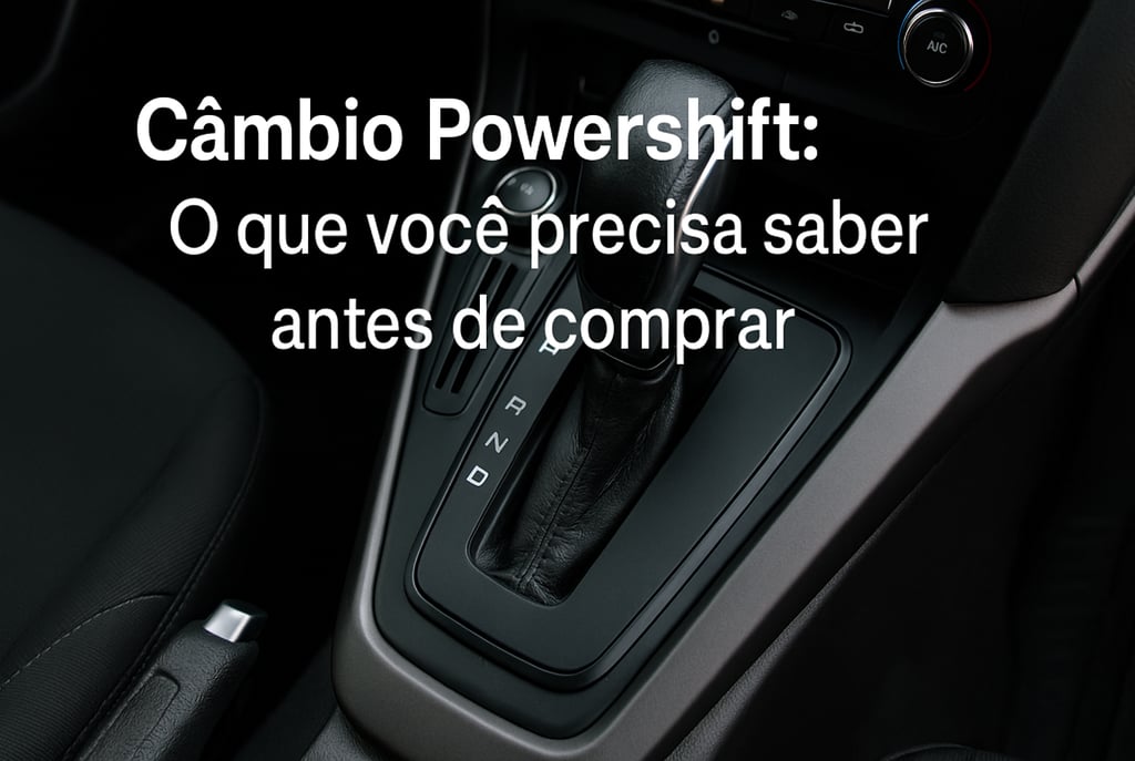 Interior de Ford Focus com câmbio Powershift em destaque, alavanca na posição “D” e painel de marcha