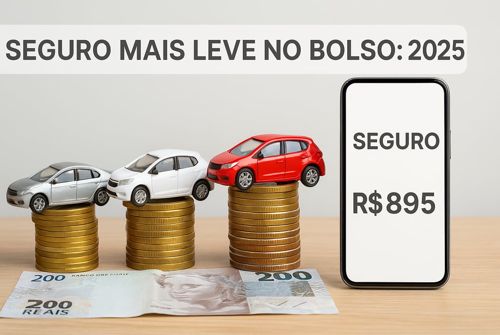 Miniaturas de carros sobre moedas e nota de 200 reais com celular exibindo "Seguro R$895".