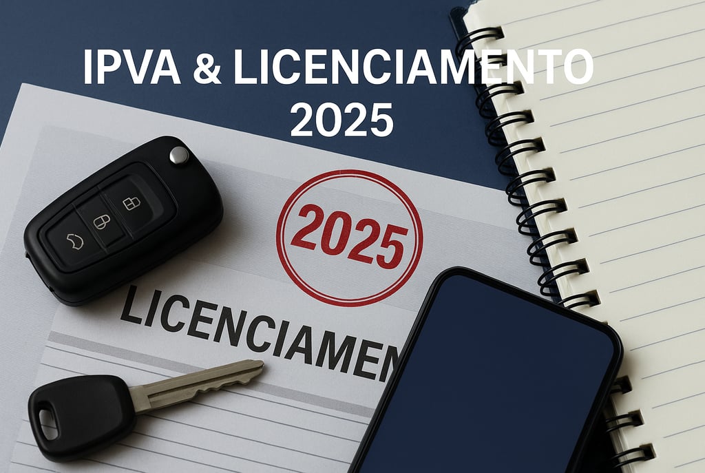 Chave de carro sobre guia de licenciamento com carimbo “2025” e agenda ao lado.
