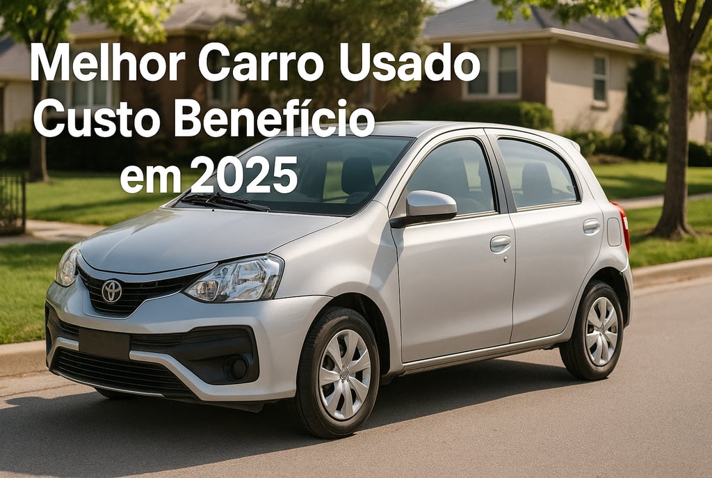 Toyota Etios prata estacionado em rua residencial arborizada, com a frase “Melhor Carro Usado Custo 