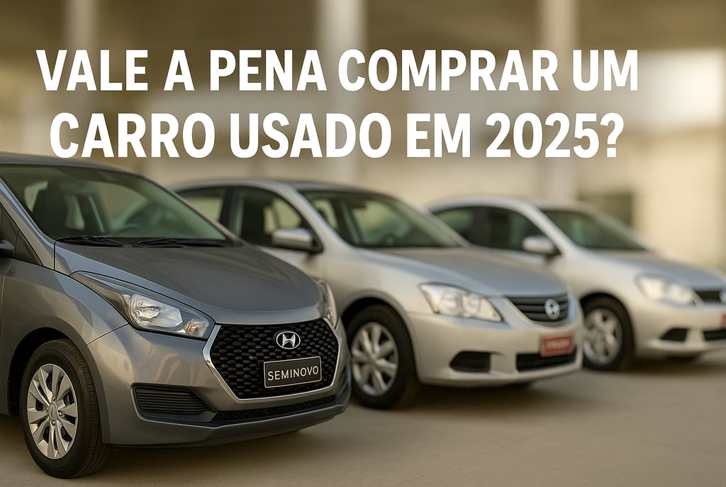 Três carros seminovos em pátio de revenda com fundo desfocado e placa “Seminovo” discreta visível.