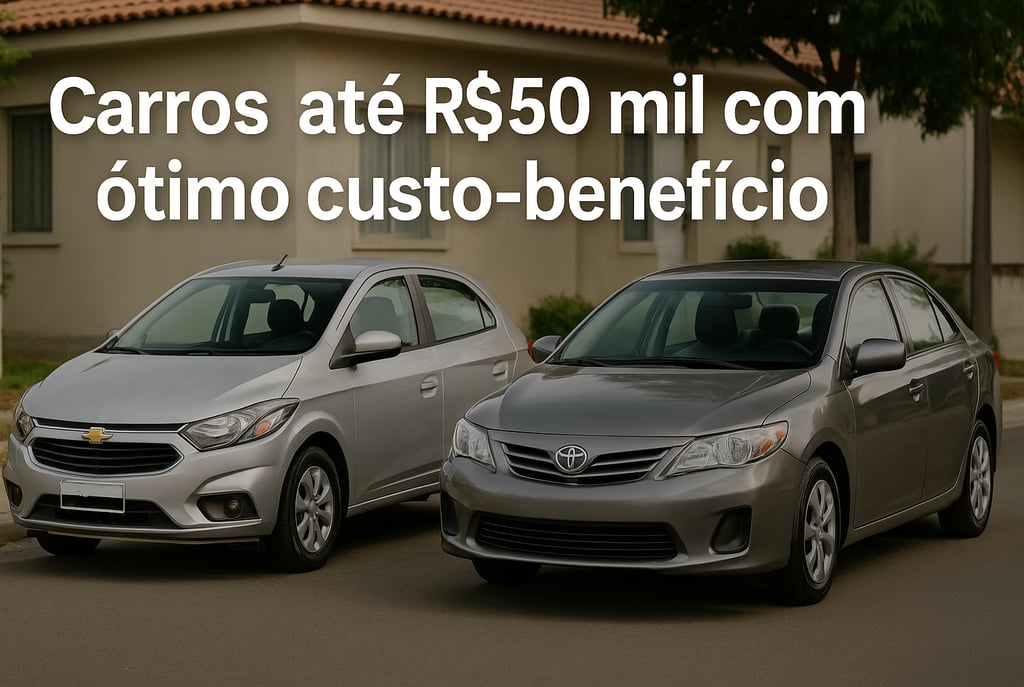 Chevrolet Onix 2019 e Toyota Corolla 2014 estacionados em rua residencial, com frase sobre custo-ben