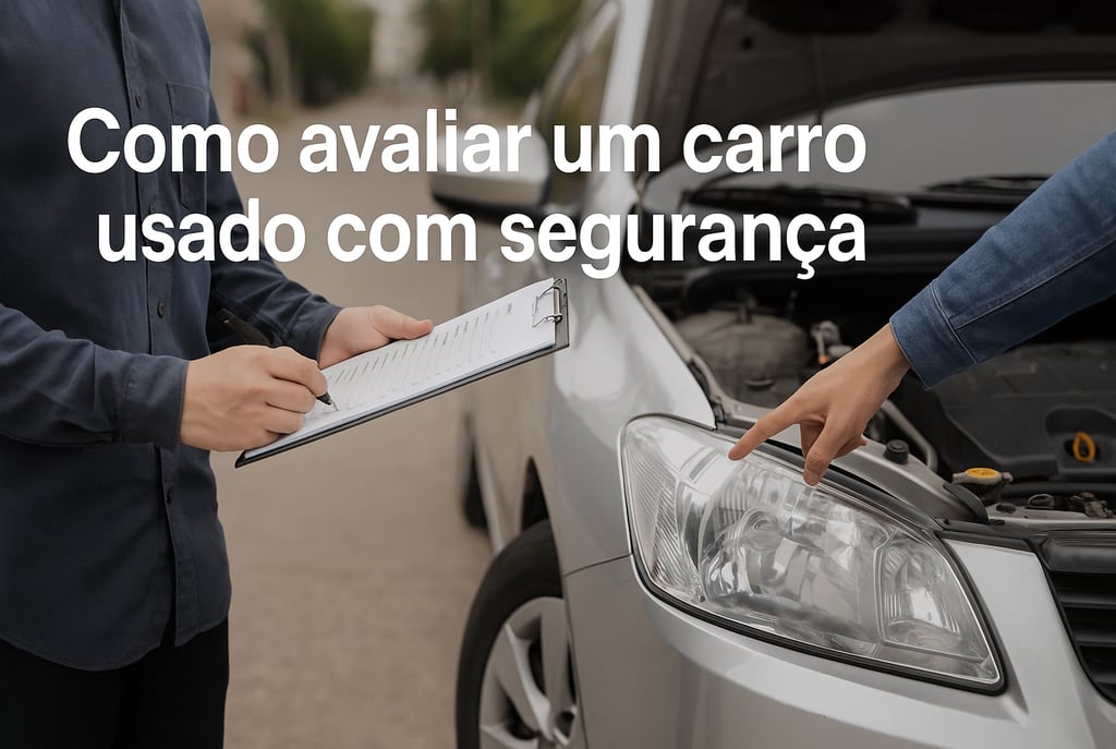 Duas pessoas analisando carro usado com capô aberto; uma segura checklist e a outra aponta o farol.