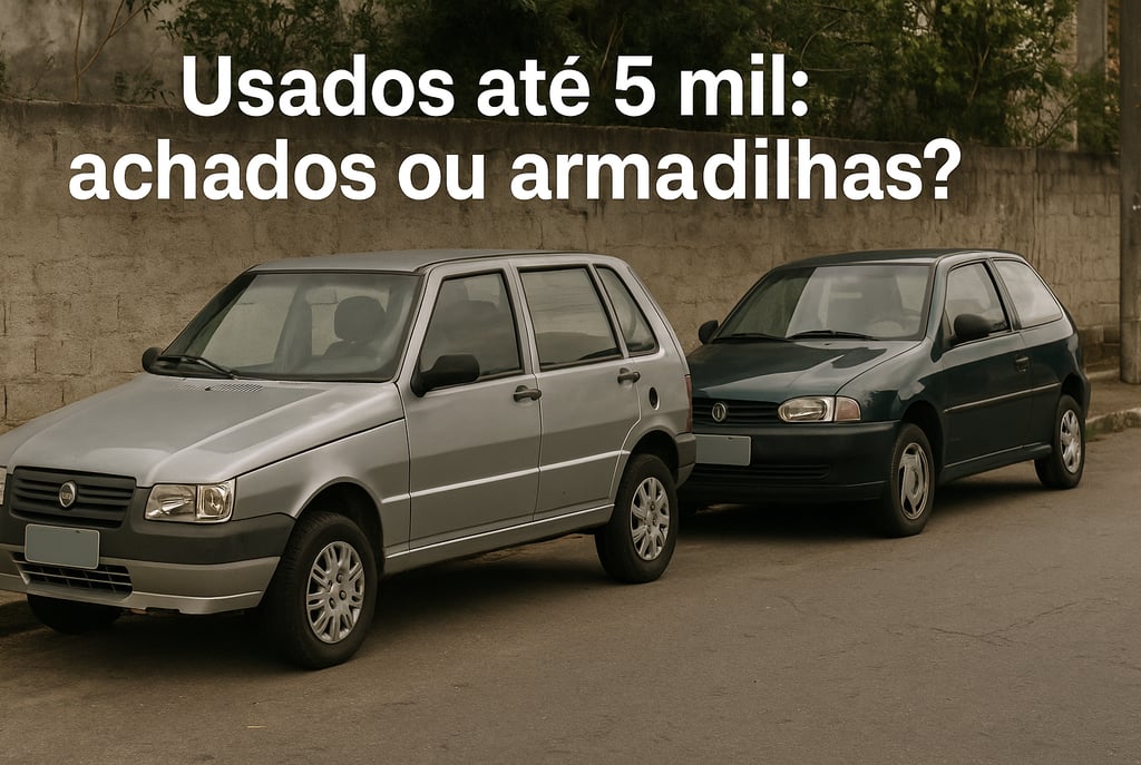 Fiat Uno Mille e Volkswagen Gol antigos estacionados em rua simples, com a frase “Usados até 5 mil”