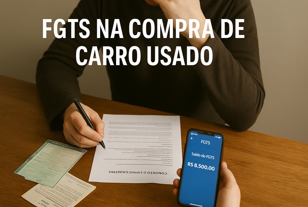 Pessoa analisando documentos de carro e contrato de financiamento com app da Caixa exibindo saldo do