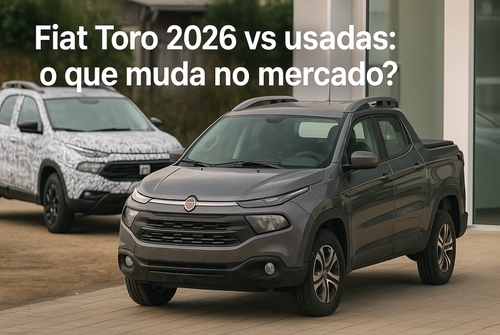 Fiat Toro usada em destaque com a nova Toro 2026 camuflada ao fundo, lado a lado em ambiente externo