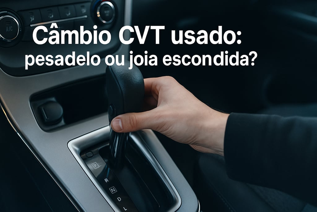 Mão no câmbio CVT de carro usado, posição Drive, com interior parcialmente visível em close realista