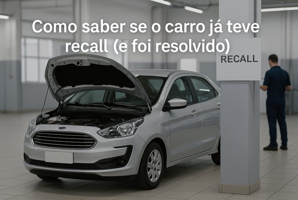 Ford Ka sedan prata com capô aberto em oficina, placa “RECALL” ao fundo e técnico desfocado à direit
