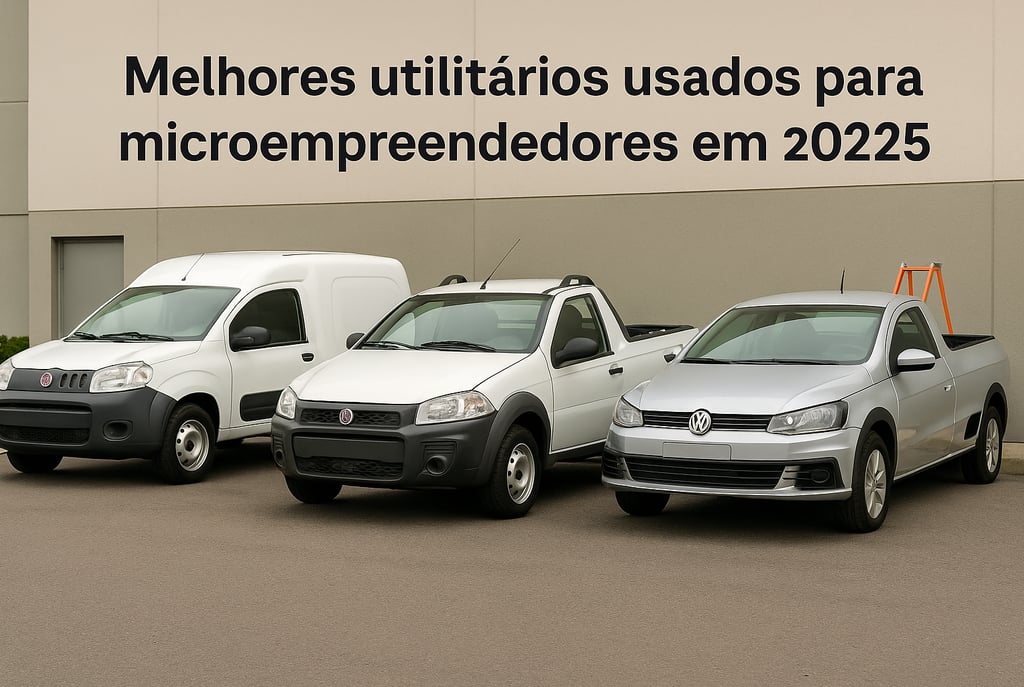 Fiat Fiorino, Fiat Strada e VW Saveiro estacionadas lado a lado em frente a prédio comercial, com es