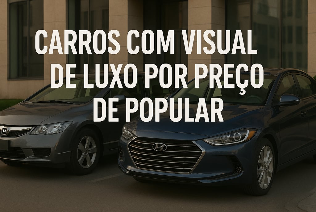 Dois carros usados bem conservados — um Honda Civic cinza e um Hyundai Elantra azul — estacionados l