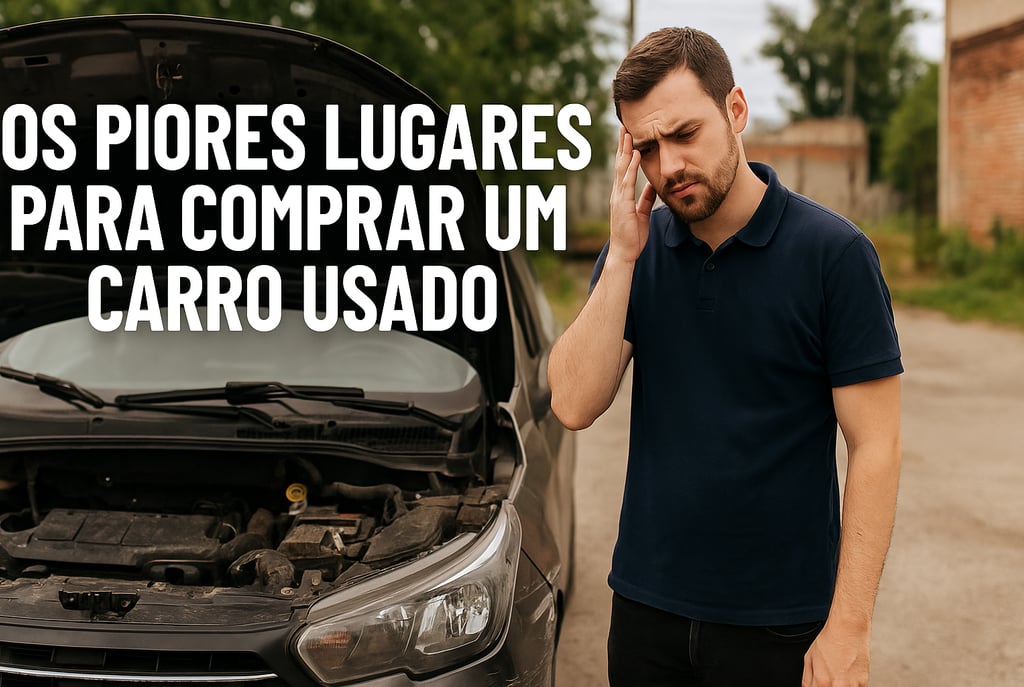 Homem com expressão de frustração ao lado de um carro usado com o capô aberto, estacionado em um loc