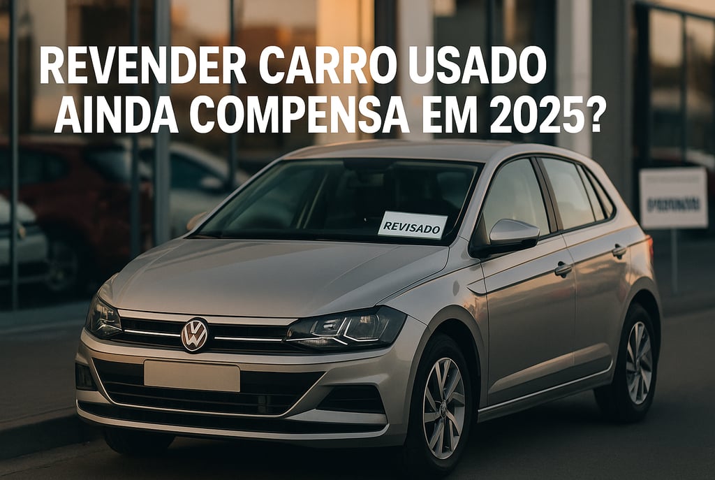 Carro seminovo prata modelo hatch (sem logotipo visível), estacionado em frente a uma concessionária