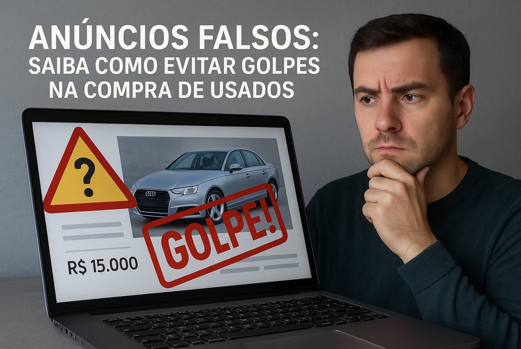 Homem com expressão desconfiada observa um notebook com anúncio de carro usado com preço muito abaix