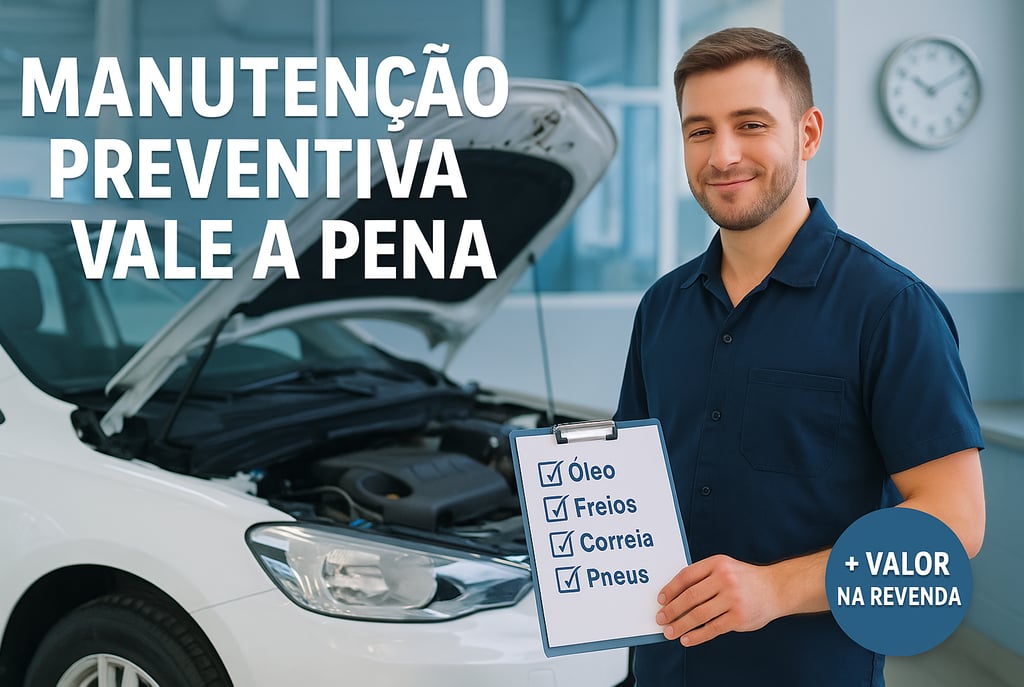 Mecânico sorridente ao lado de carro branco com capô aberto em oficina limpa, segurando checklist co