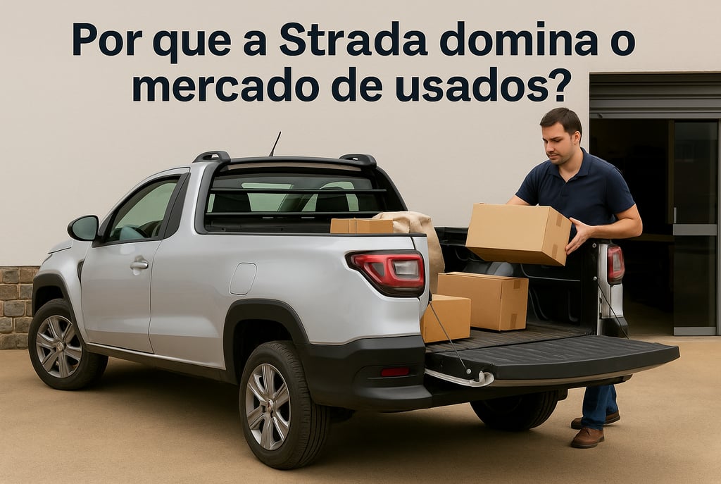 Homem carregando caixas na Fiat Strada prata com frase "Por que a Strada domina o mercado de usados?