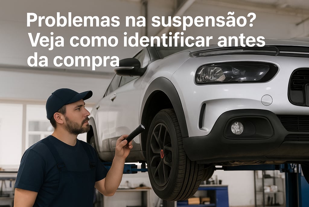 Mecânico inspeciona suspensão de SUV em elevador com lanterna em oficina limpa e organizada.