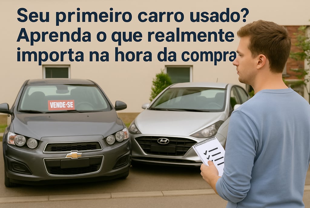 Jovem com checklist observa dois carros usados com placa “Vende-se” em rua residencial tranquila.