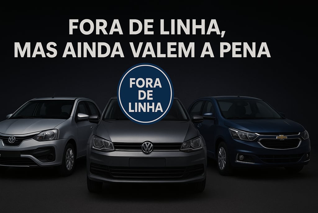 Três carros fora de linha — Toyota Etios, Volkswagen Fox e Chevrolet Cobalt — alinhados lado a lado 