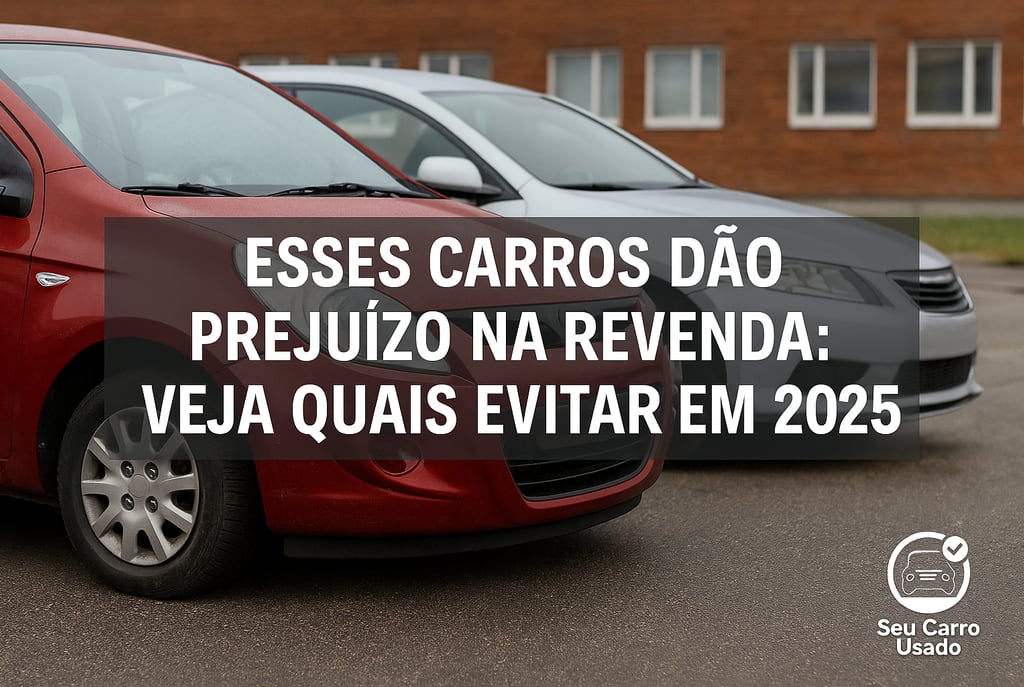  "Imagem de capa com três carros usados estacionados em um pátio, sendo um hatch vermelho em destaqu