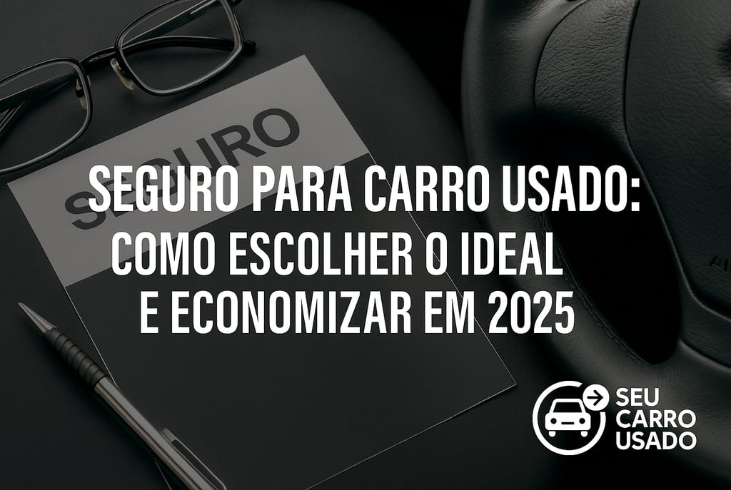 Documento de seguro automotivo sobre uma mesa, ao lado de uma caneta e óculos, com volante de carro 