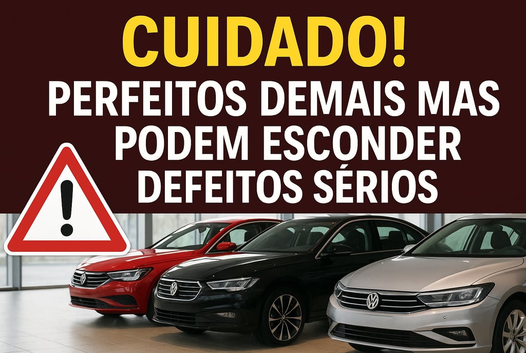 Banner de alerta com a frase "Cuidado! Perfeitos demais mas podem esconder defeitos sérios" sobre im