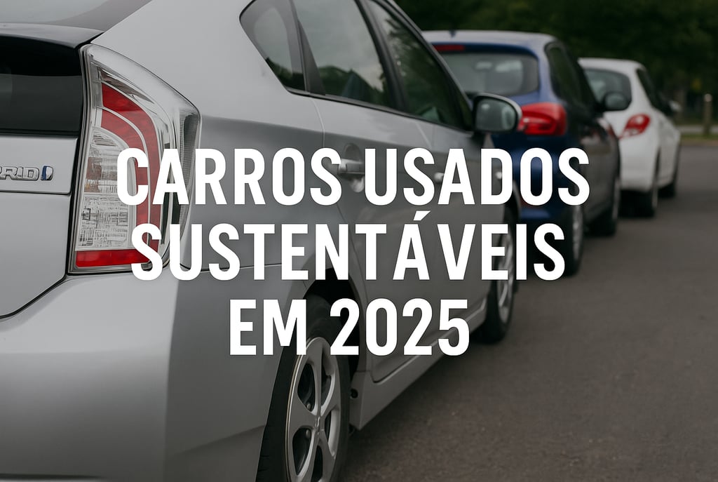 Toyota Prius prateado estacionado com outros carros ao fundo e texto “Carros usados sustentáveis em 
