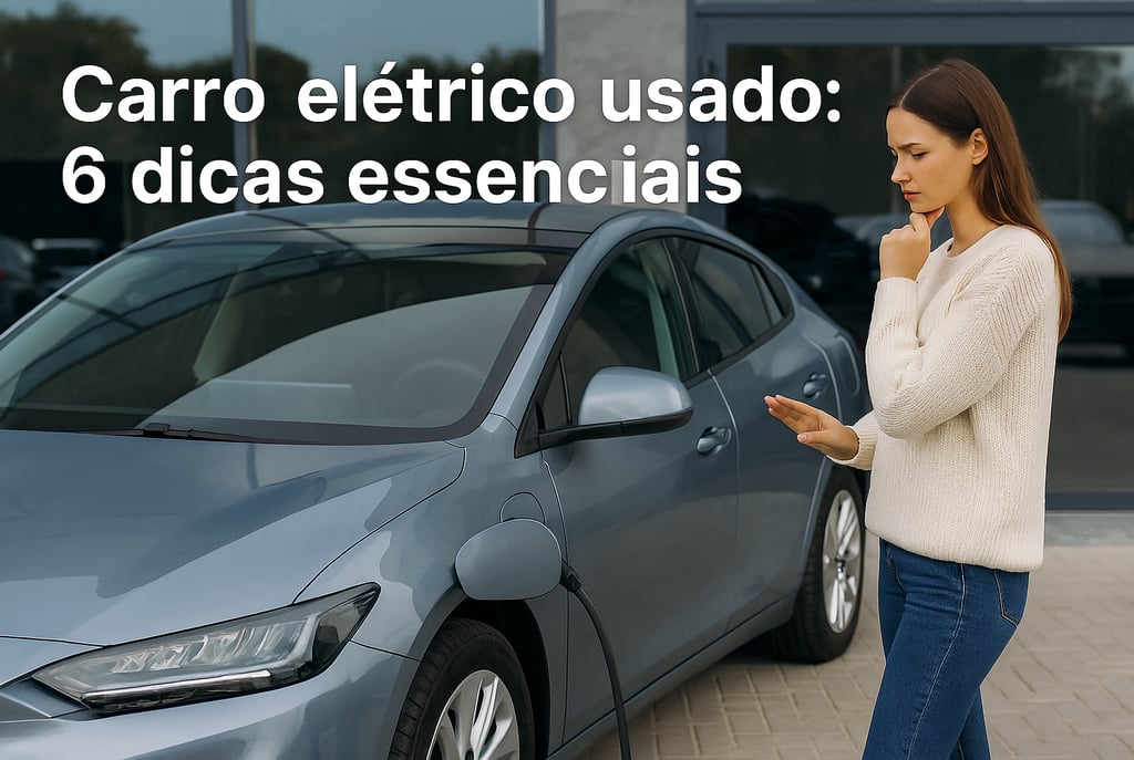 Mulher jovem avaliando um carro elétrico usado em frente a uma concessionária, com a frase “Carro el