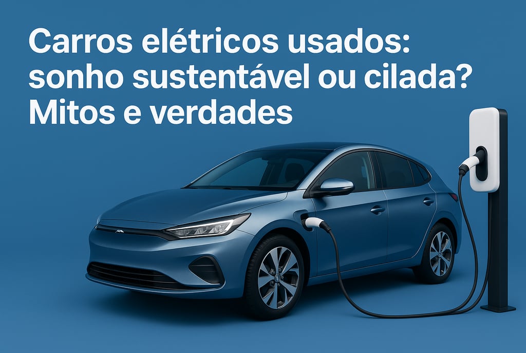 "Imagem de capa com carro elétrico azul metálico conectado a um carregador, sobre fundo azul, com a 