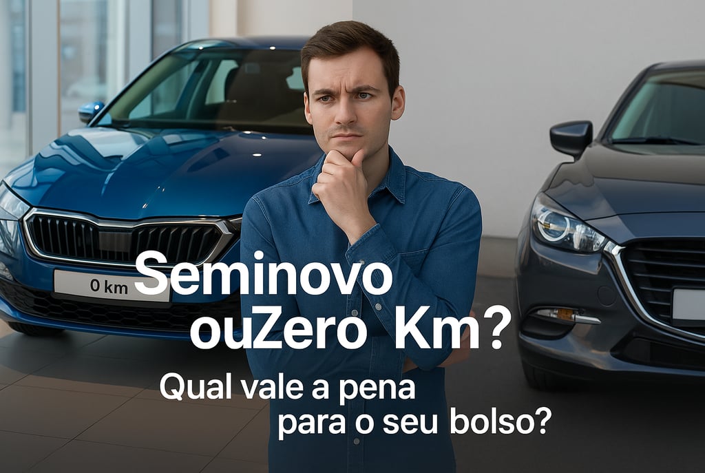 Homem pensativo entre dois carros, um novo em uma concessionária com placa “0 km” à esquerda e um se