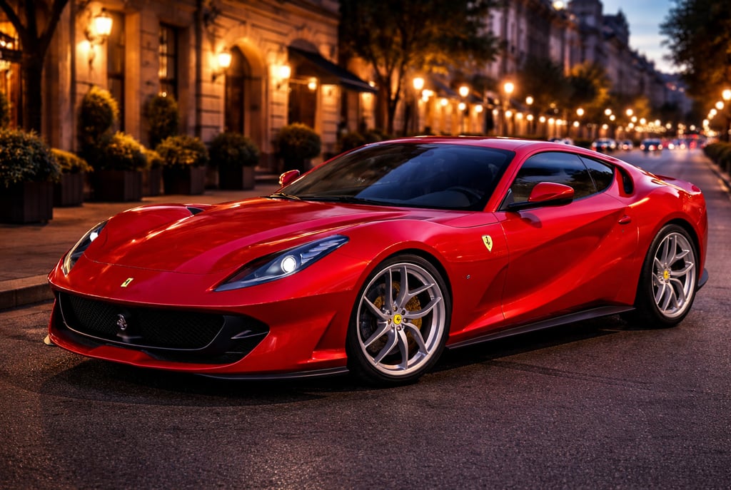 Ferrari 812 Superfast vermelho em rua iluminada à noite