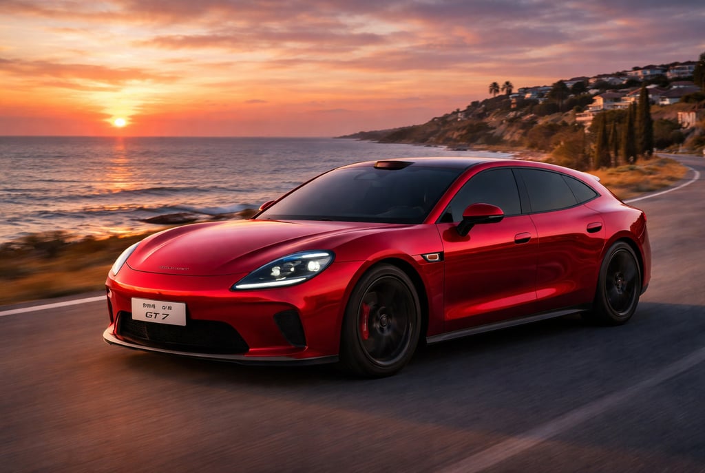 Huawei GT7 vermelho metálico, clone do Porsche Panamera em estrada ao pôr do sol