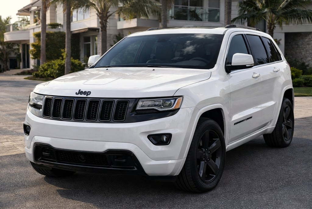 Jeep Grand Cherokee 2015 branco em ambiente residencial mostrando design de SUV de luxo usado
