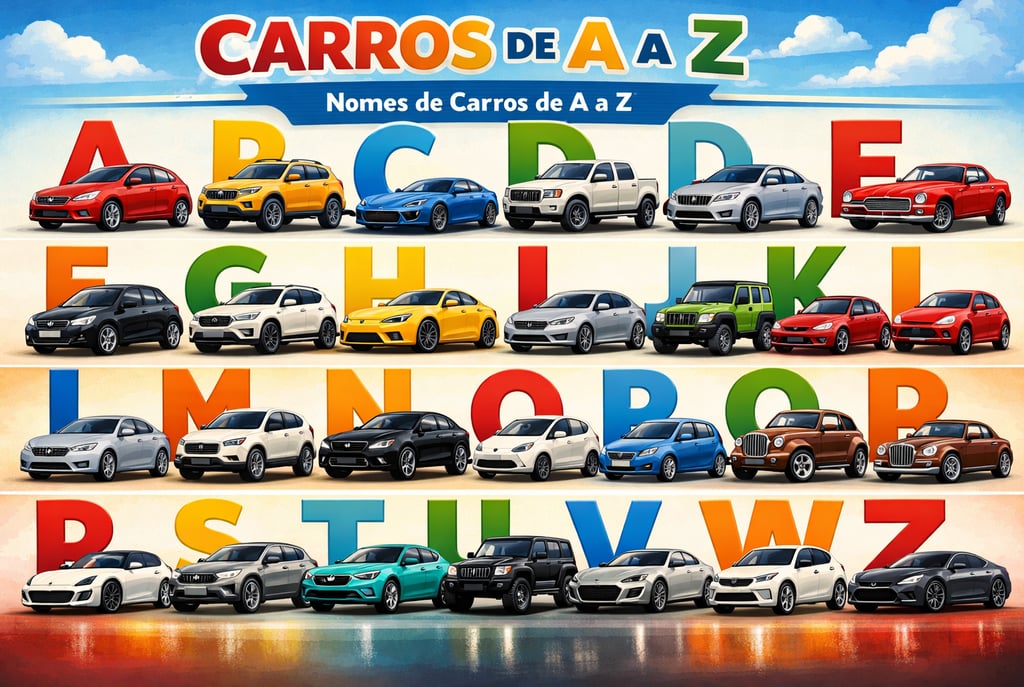 Lista visual com nomes de carros organizados de A a Z