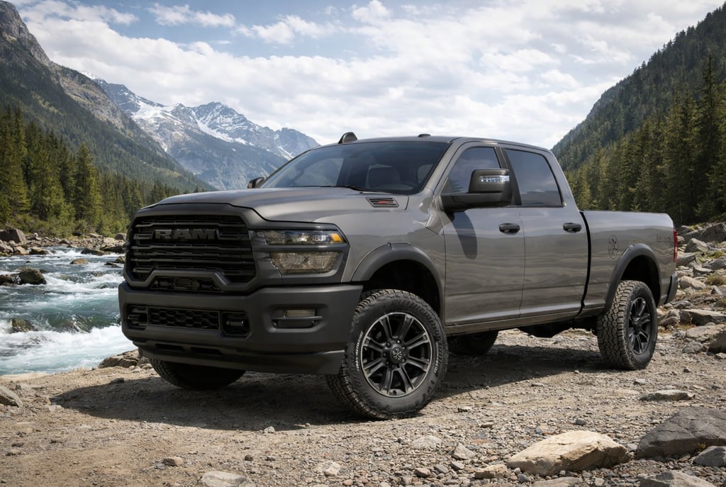 Ram 2500 Black Express e Warlock em cenário off-road com design robusto
